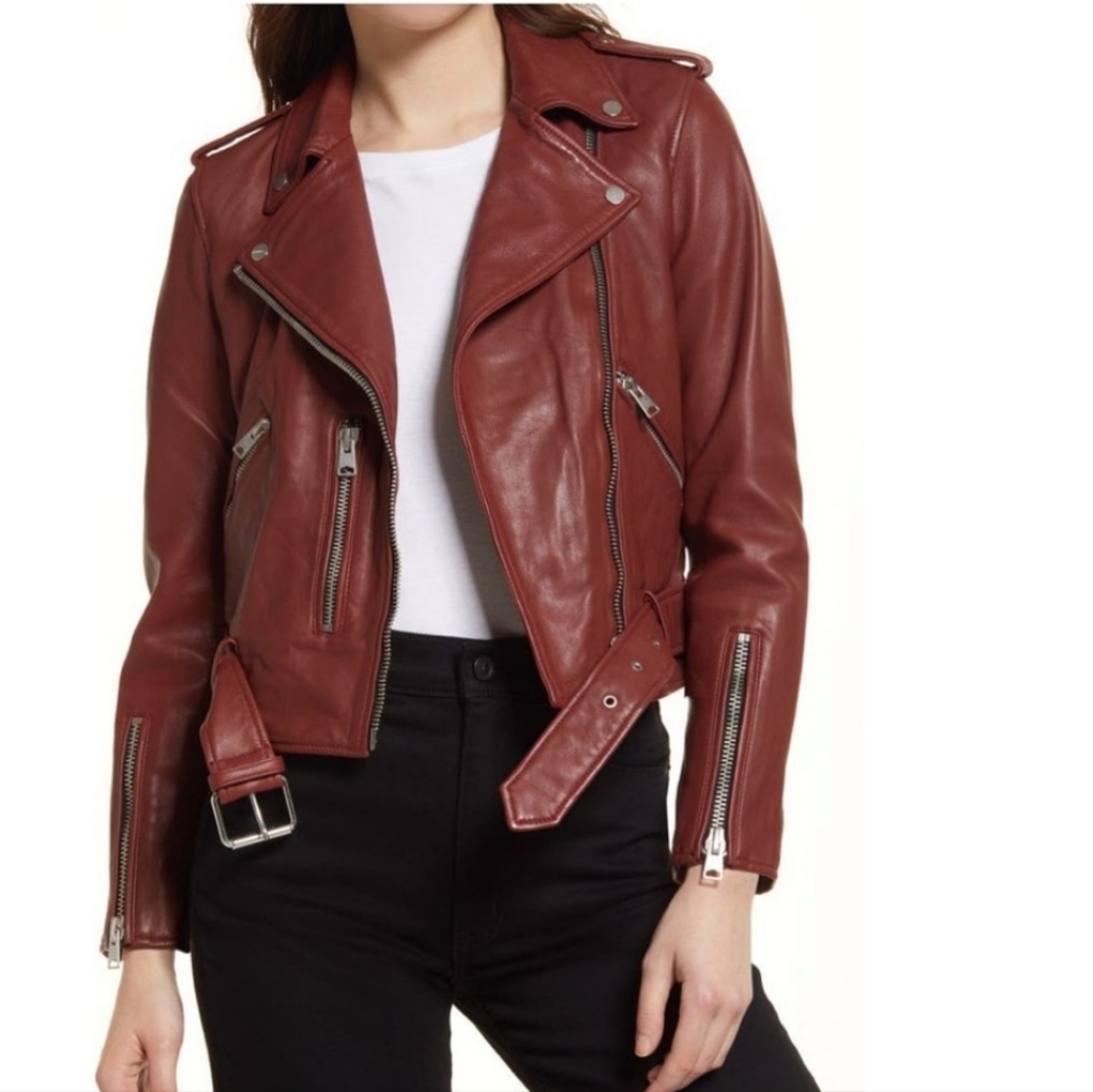 All Saints Balfern Leather Biker Jacket Fire Red Moto Burgundy Maroon Size 4